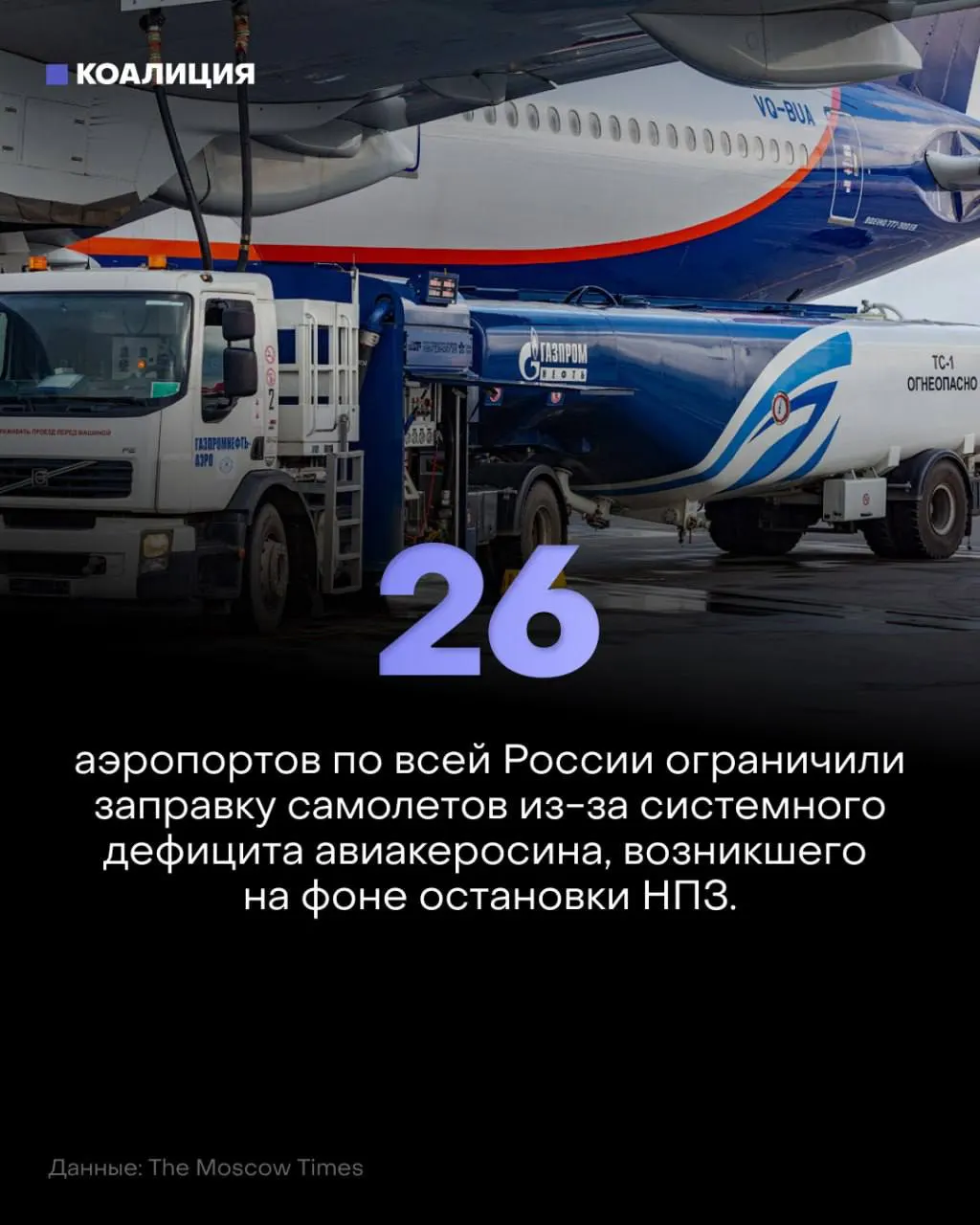 В России введены ограничения на заправку самолётов в 26 аэропортах; режим в Пулково продлён до 2027 года; на фоне роста цен на керосин усиливаются перебои в поставках.