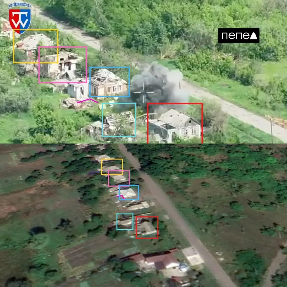 На видео беспилотники наносят удары по домам и позициям вдоль железной дороги в хуторе Гранов; геолокация подтверждает съёмку в этом населённом пункте. Ранее российские ведомства заявляли о взятии хутора под контроль.