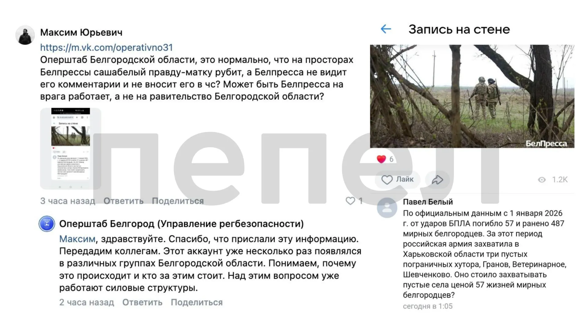 Власти региона сообщили, что правоохранители разберутся с пользователем, который в комментарии поставил под вопрос, были ли оправданы потери мирных жителей ради захвата нескольких пустых приграничных хуторов.