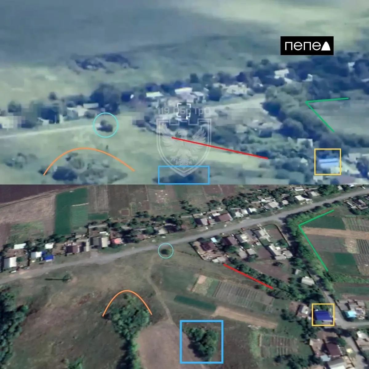 На видеозаписи, датированной 22 июня и снятой в селе Теребрено Краснояружского округа Белгородской области, видно падение двух авиабомб рядом с частными домами.