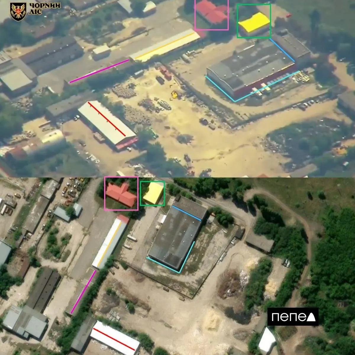 Дрон повредил военный грузовик на территории предприятия; кадры показывают удар и возгорание машины. Место атаки подтверждается спутниковыми данными.