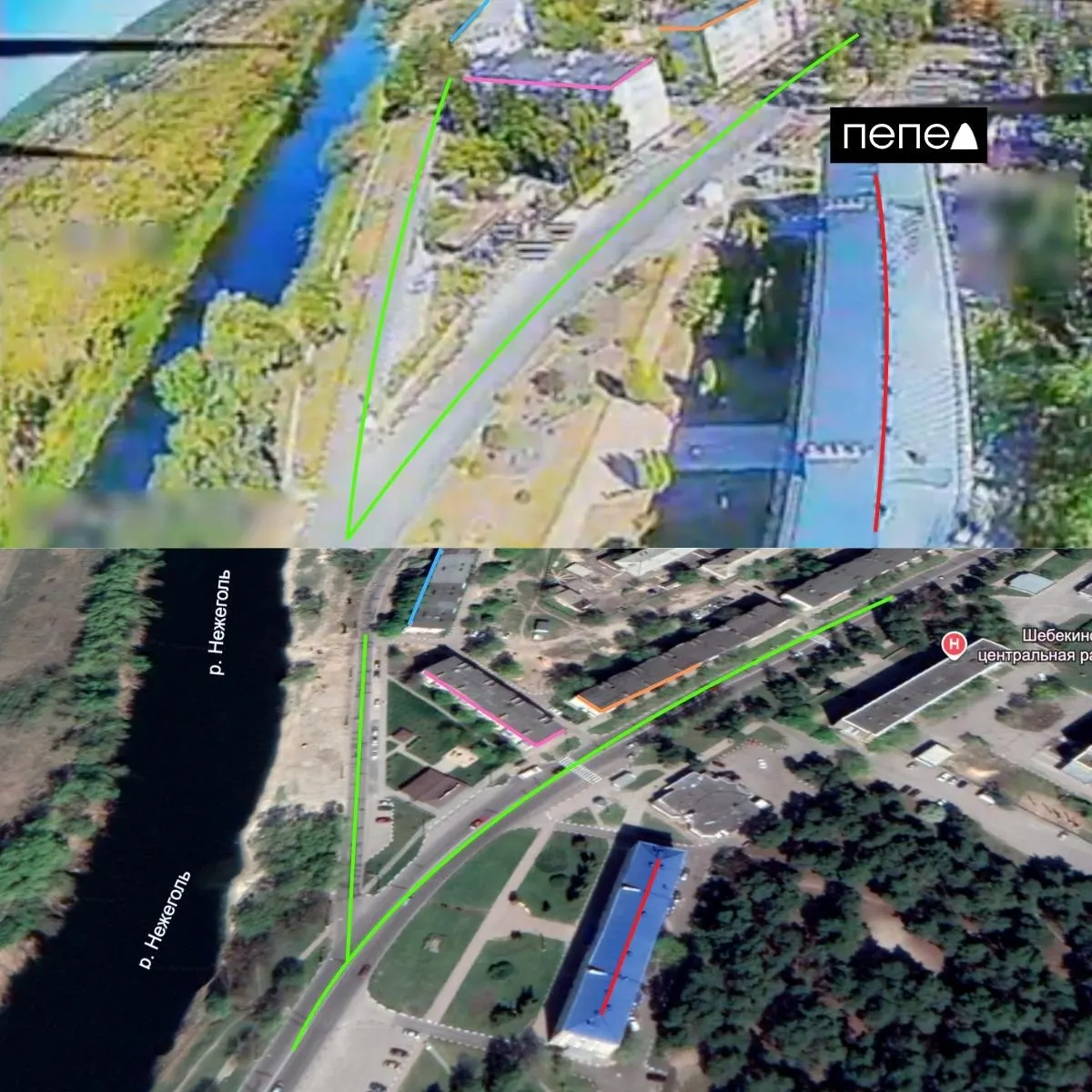 В центре города Шебекино зафиксирован пролёт FPV-дрона; кадры показывают траекторию над улицей Ленина и районом маслозавода. Геолокация подтверждается спутниковыми снимками.